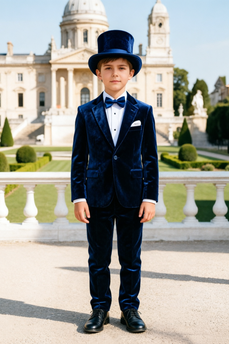 Boys Navy Blue Velvet 2‑Piece Suit for Weddings with Classic Lapel