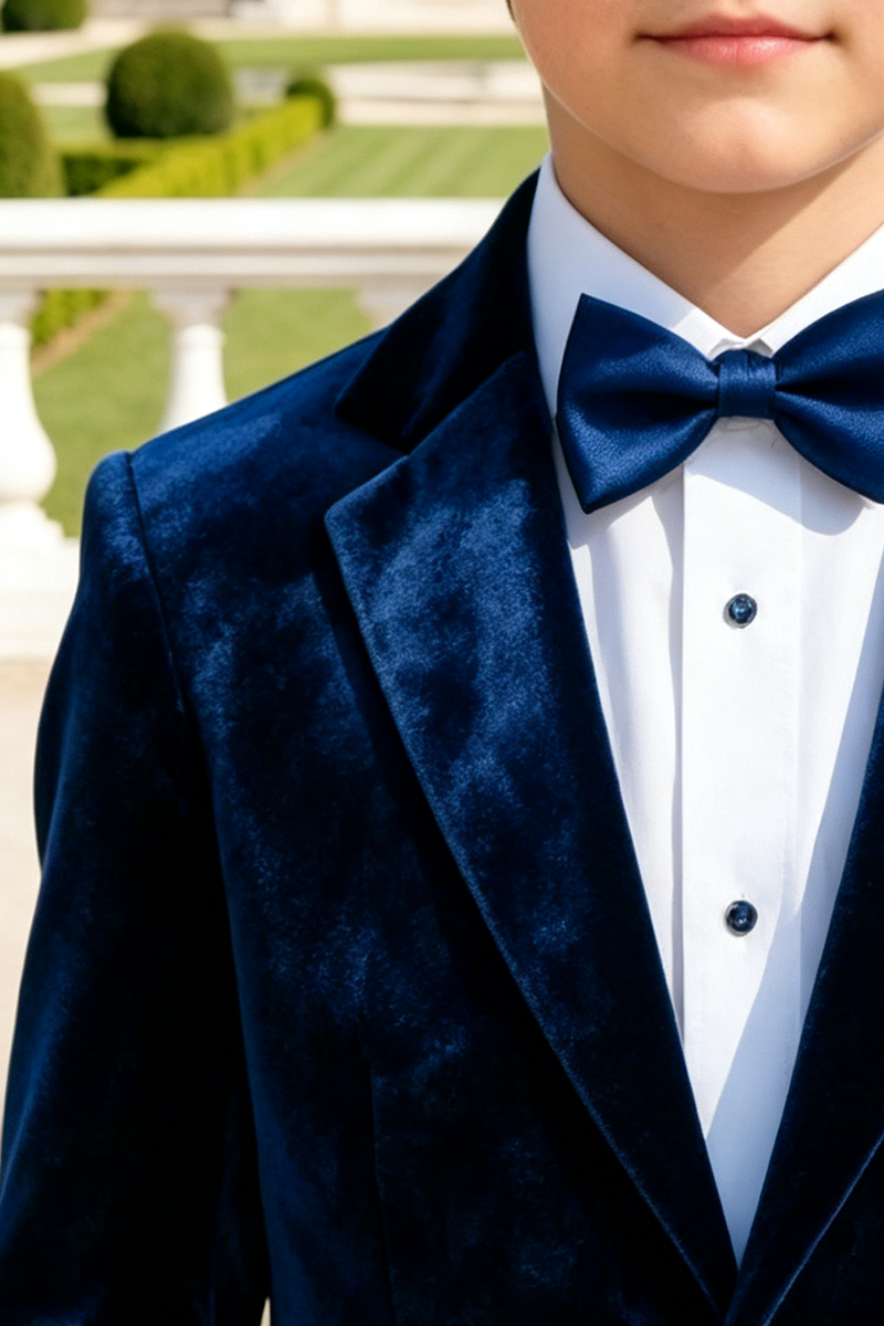 Boys Navy Blue Velvet 2‑Piece Suit for Weddings with Classic Lapel
