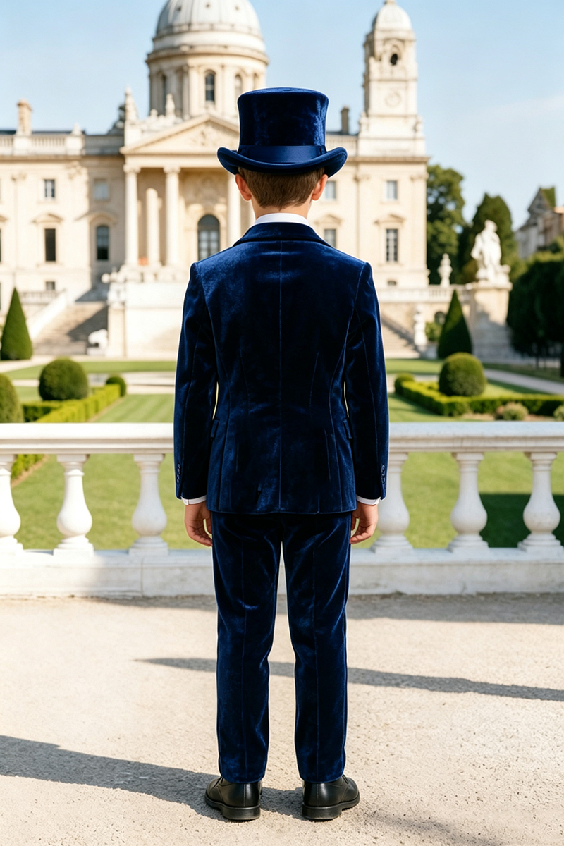 Boys Navy Blue Velvet 2‑Piece Suit for Weddings with Classic Lapel