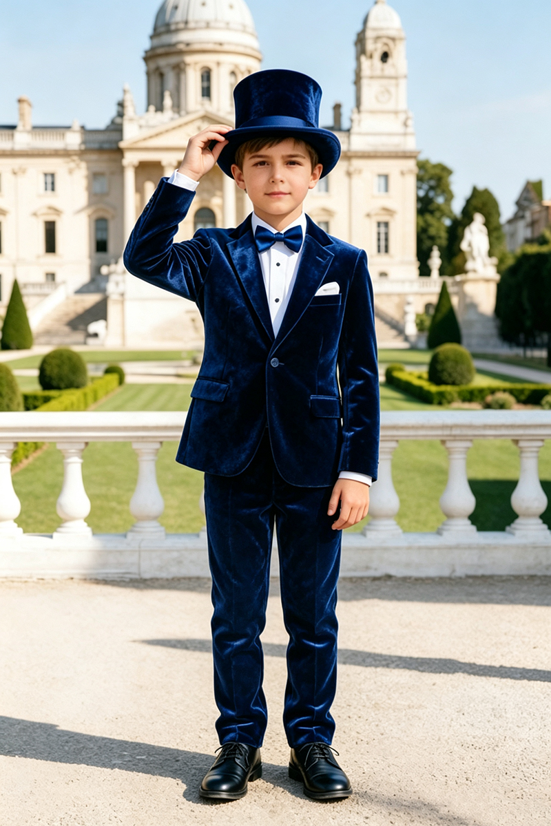 Boys Navy Blue Velvet 2‑Piece Suit for Weddings with Classic Lapel