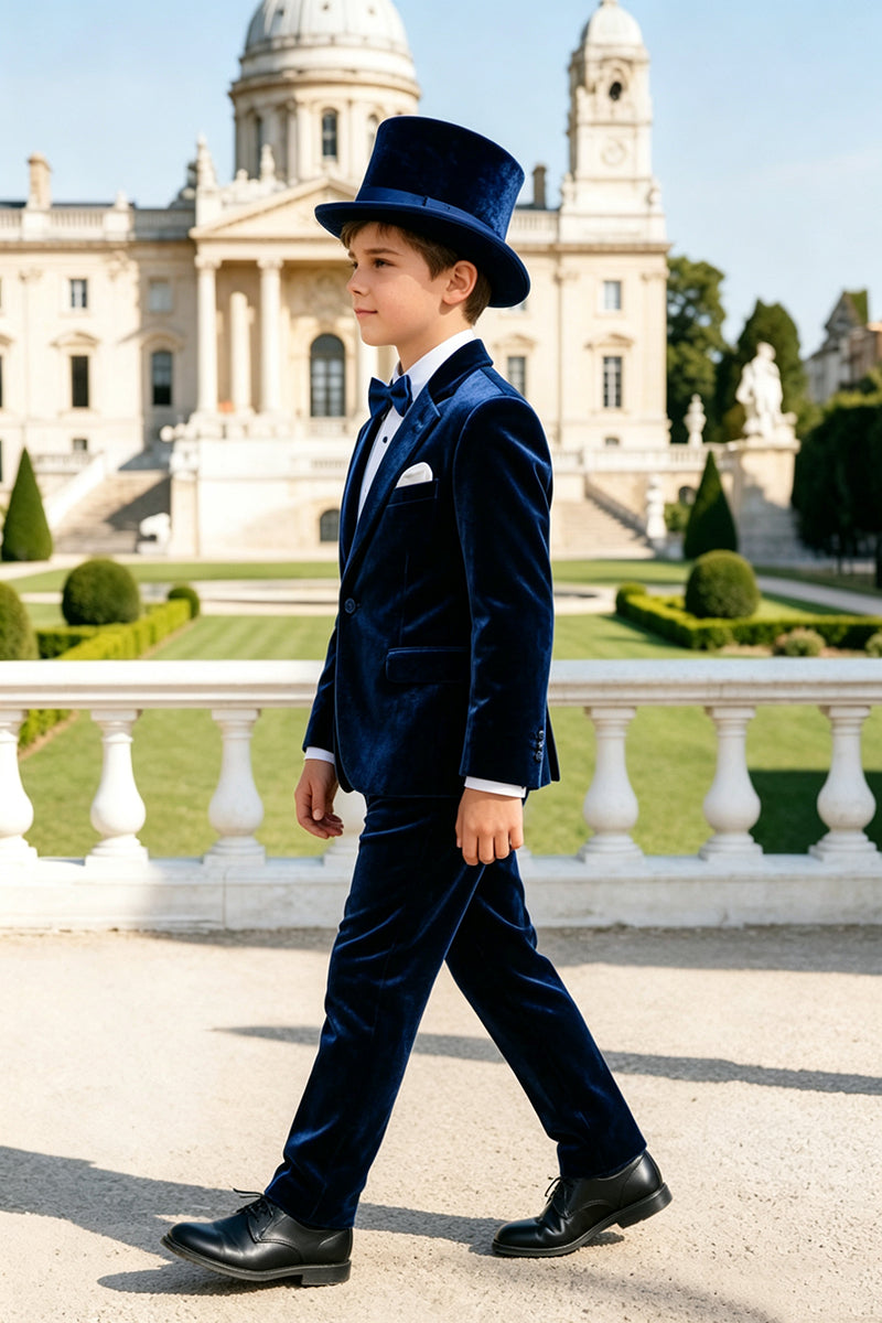 Boys Navy Blue Velvet 2‑Piece Suit for Weddings with Classic Lapel