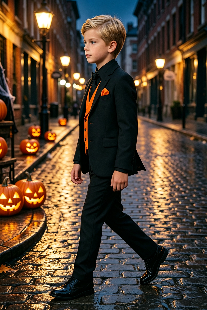 Boys Black with Contrast Orange Waistcoat 3‑Piece Suit