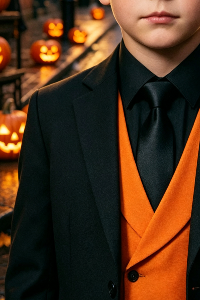 Boys Black with Contrast Orange Waistcoat 3‑Piece Suit