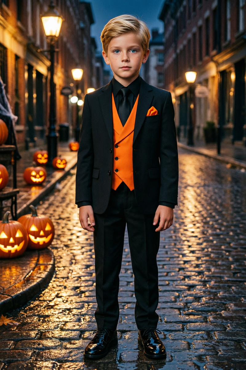 Boys Black with Contrast Orange Waistcoat 3‑Piece Suit