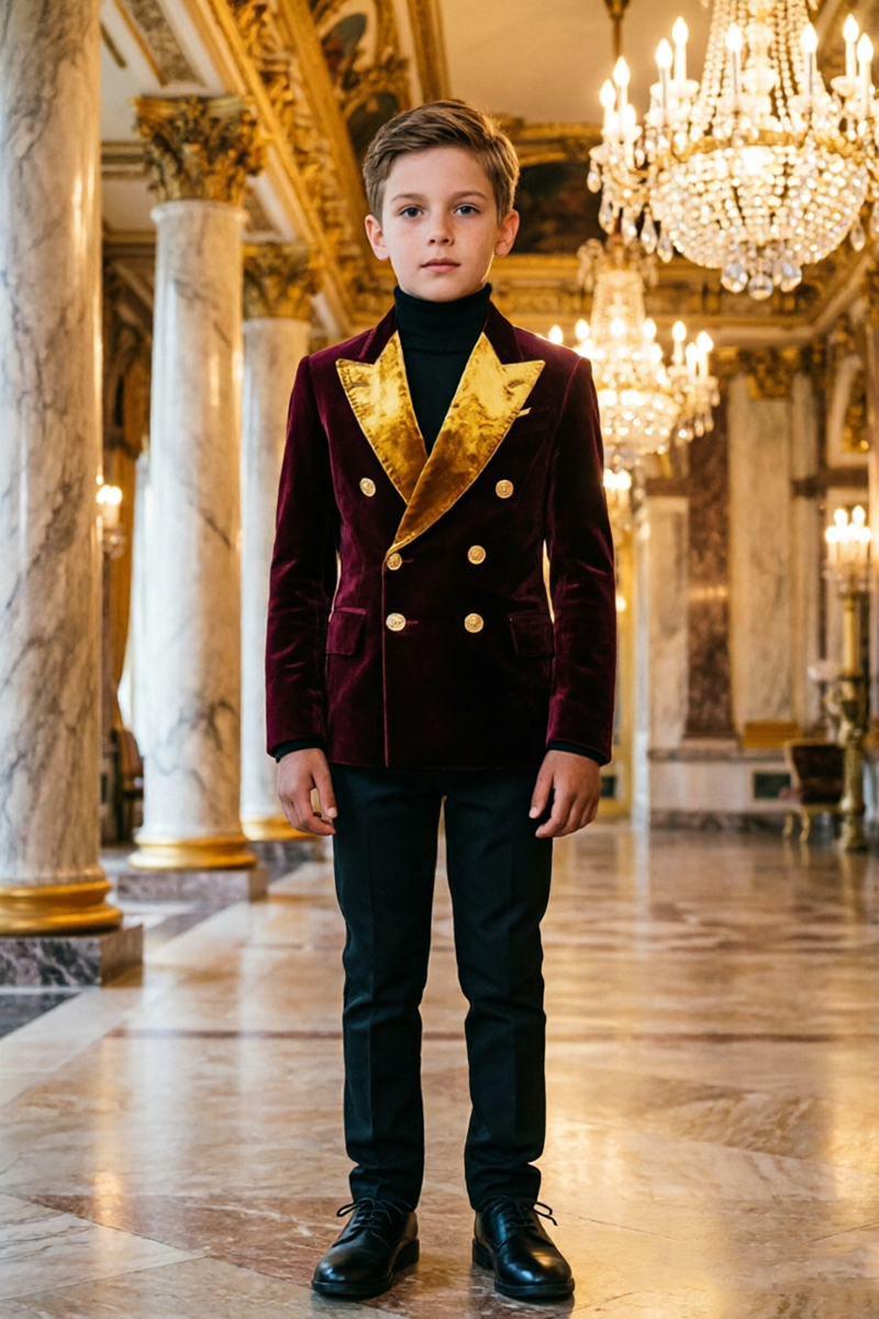 Boys Burgundy Velvet with Gold Contrast Lape 2‑Piece Suit for Weddings