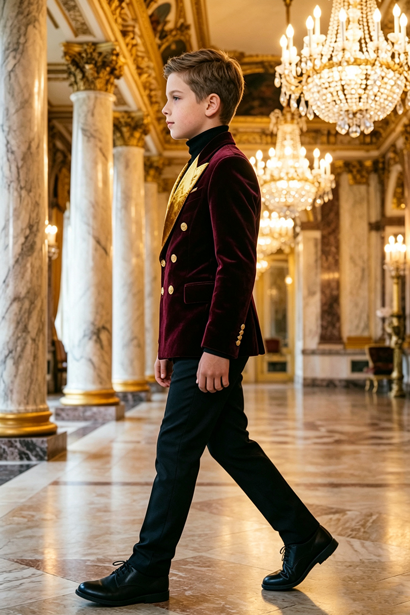 Boys Burgundy Velvet with Gold Contrast Lape 2‑Piece Suit for Weddings