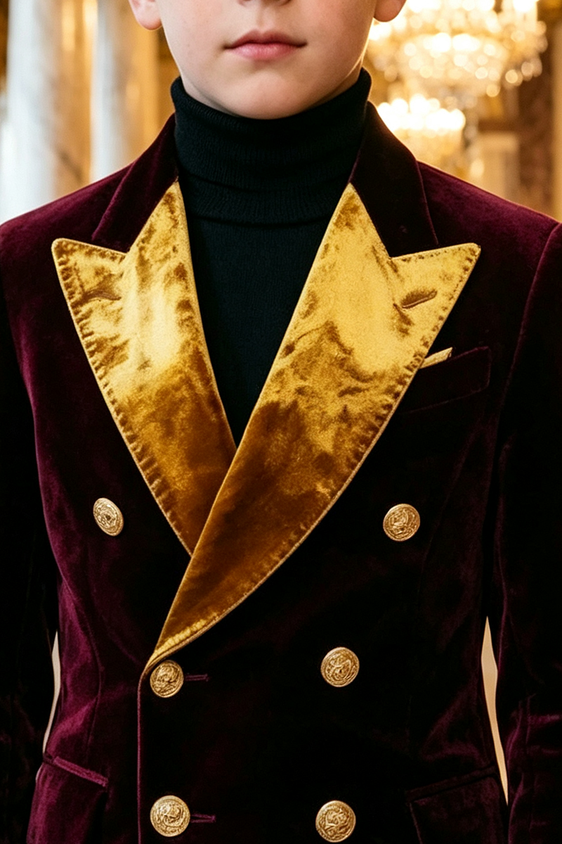 Boys Burgundy Velvet with Gold Contrast Lape 2‑Piece Suit for Weddings