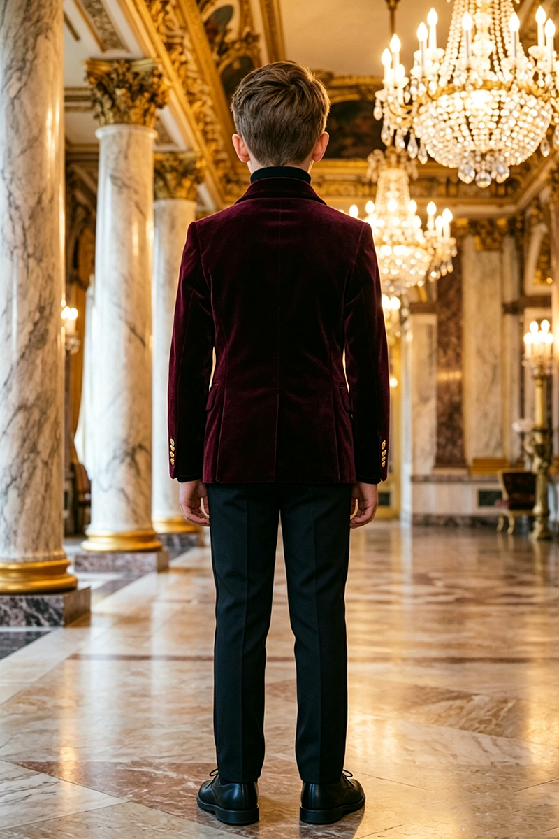 Boys Burgundy Velvet with Gold Contrast Lape 2‑Piece Suit for Weddings