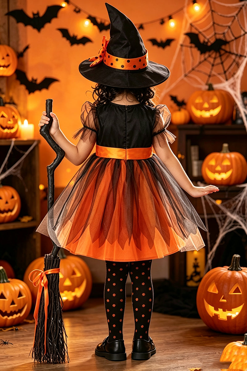 Girls Witch Tulle Costume Dress for Halloween Parties with Satin Bow Accent