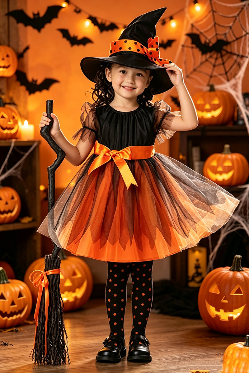 Girls Witch Tulle Costume Dress for Halloween Parties with Satin Bow Accent