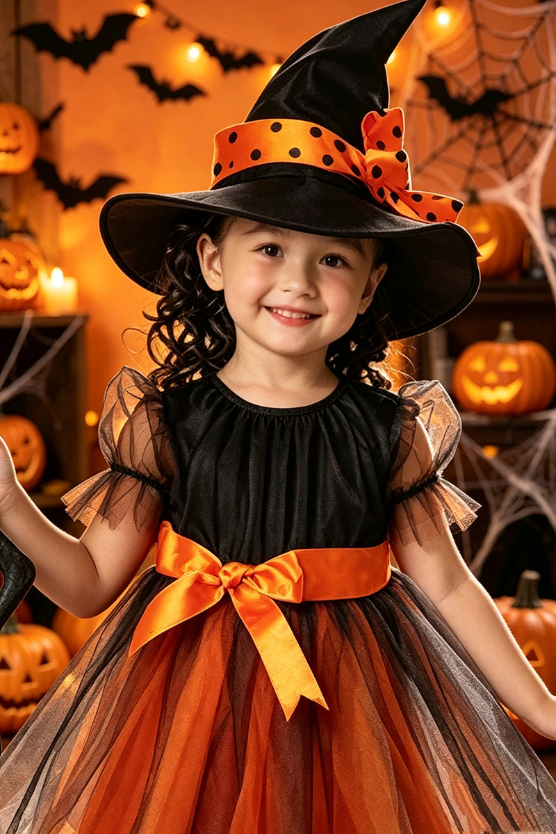 Girls Witch Tulle Costume Dress for Halloween Parties with Satin Bow Accent