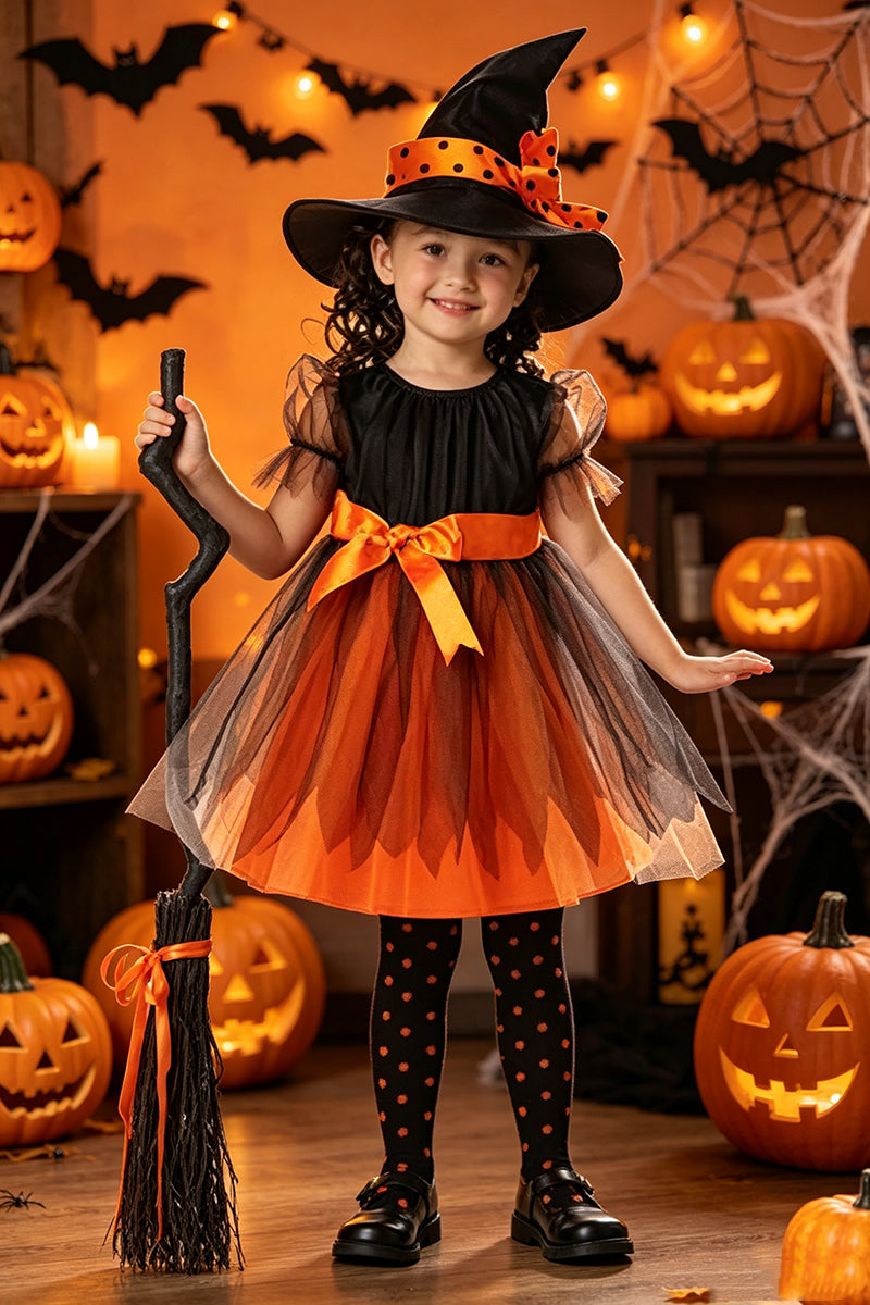 Girls Witch Tulle Costume Dress for Halloween Parties with Satin Bow Accent