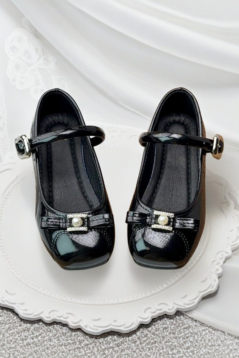 Silver Pearl Rhinestone Bow Princess PU Leather Mary Jane Dress Shoes