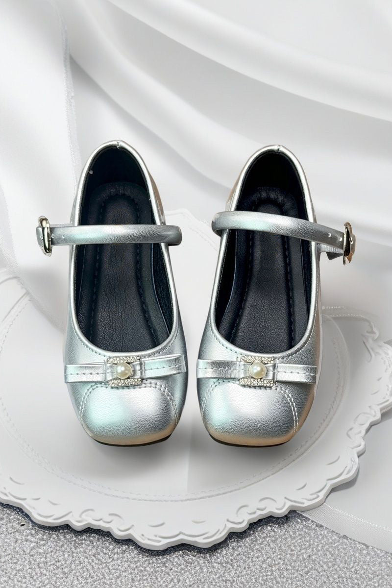 Silver Pearl Rhinestone Bow Princess PU Leather Mary Jane Dress Shoes