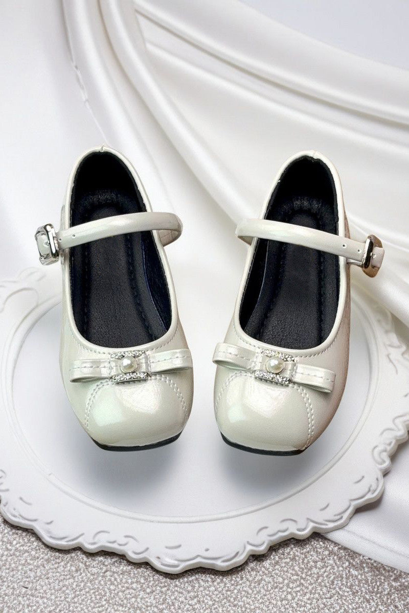 Silver Pearl Rhinestone Bow Princess PU Leather Mary Jane Dress Shoes
