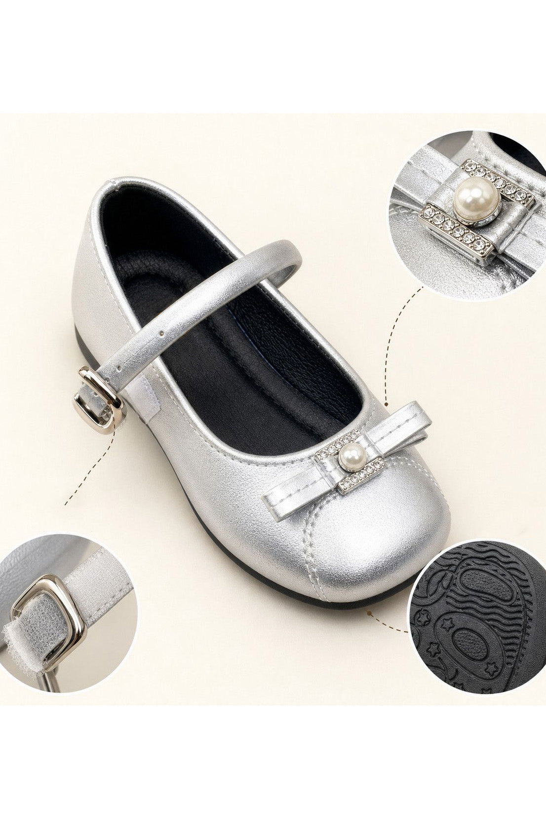 Silver Pearl Rhinestone Bow Princess PU Leather Mary Jane Dress Shoes