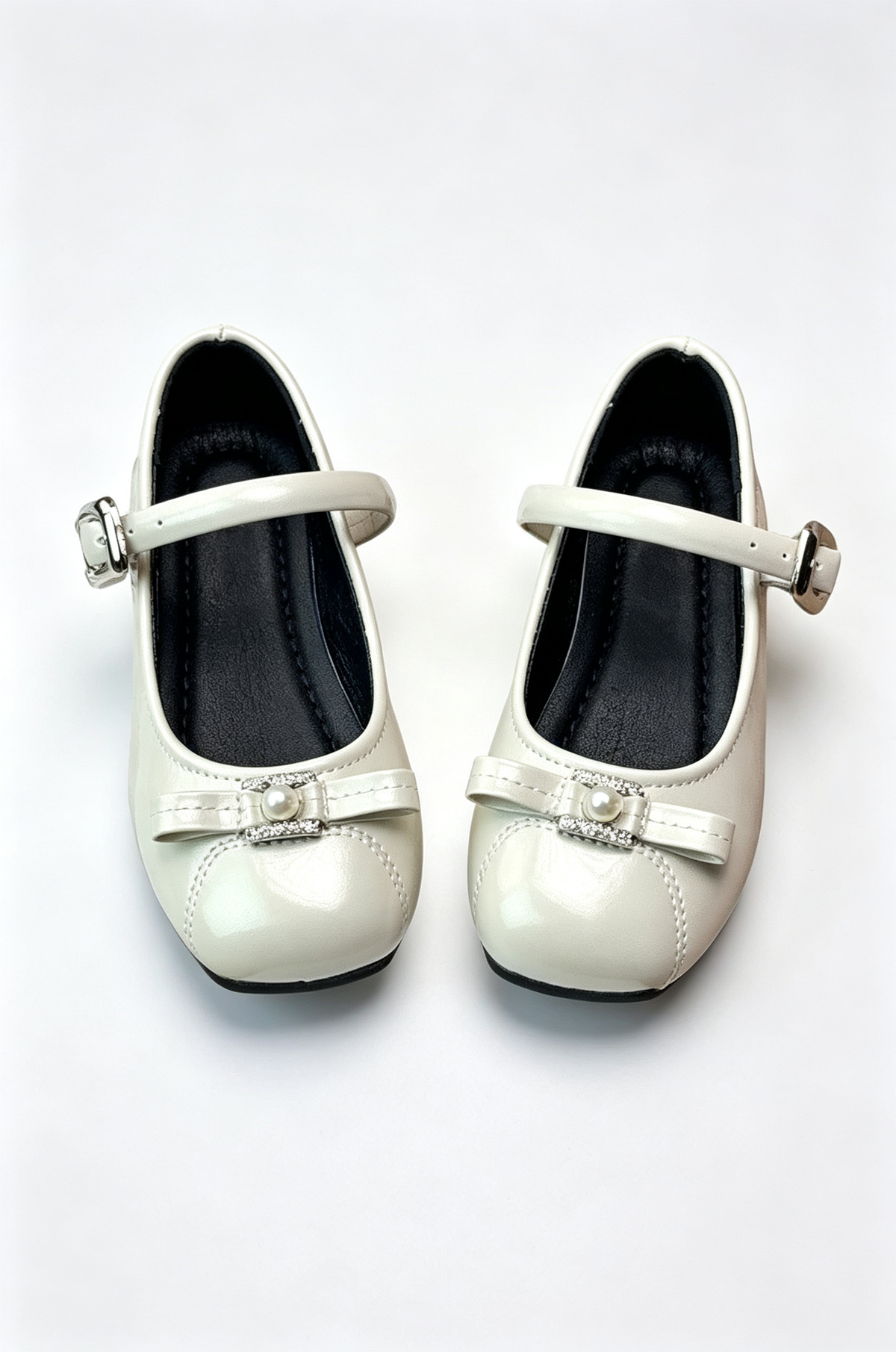 Silver Pearl Rhinestone Bow Princess PU Leather Mary Jane Dress Shoes