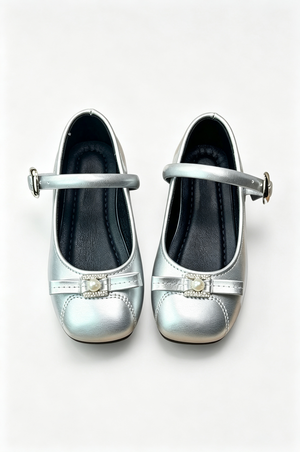 Silver Pearl Rhinestone Bow Princess PU Leather Mary Jane Dress Shoes