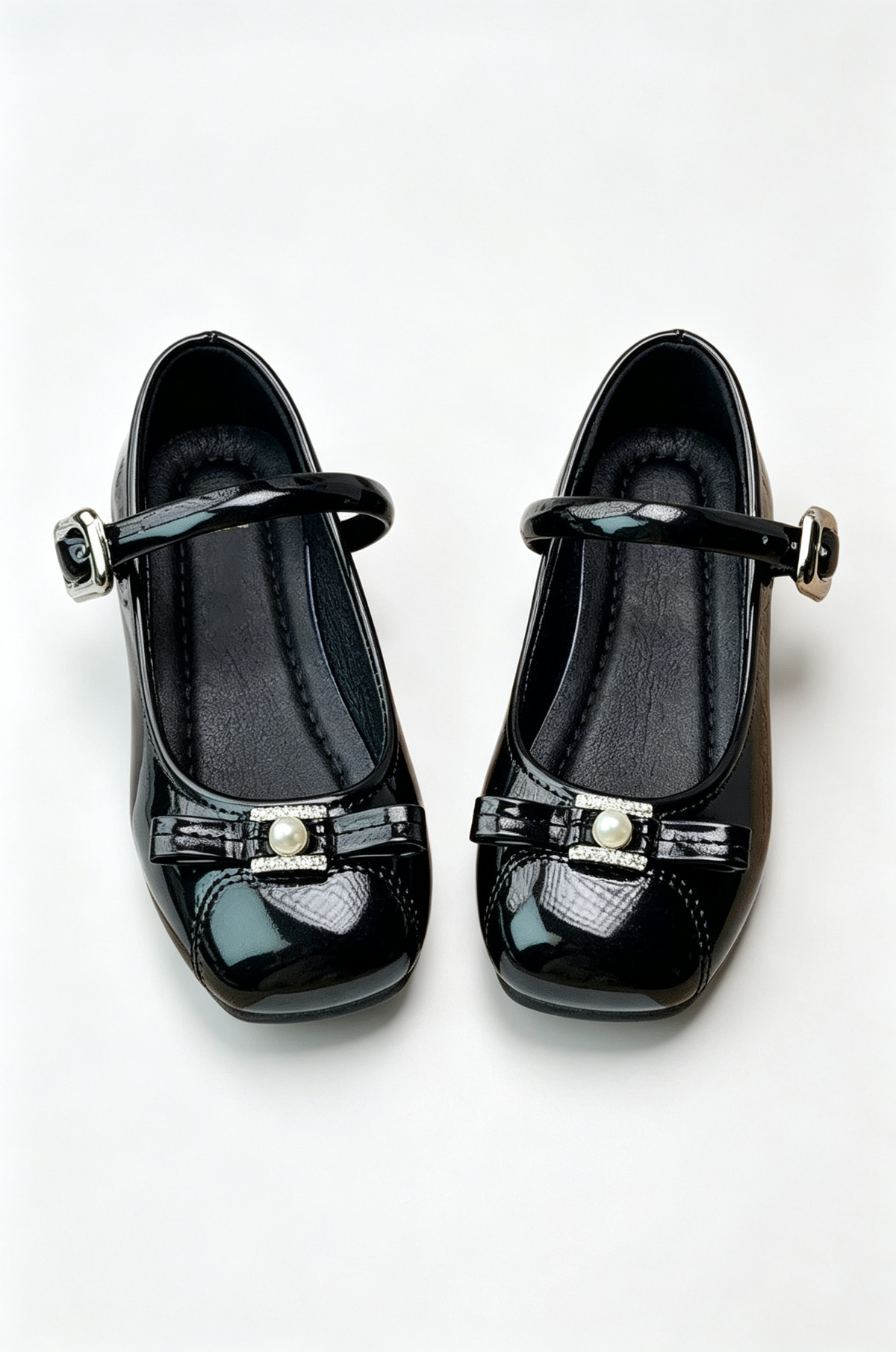 Silver Pearl Rhinestone Bow Princess PU Leather Mary Jane Dress Shoes