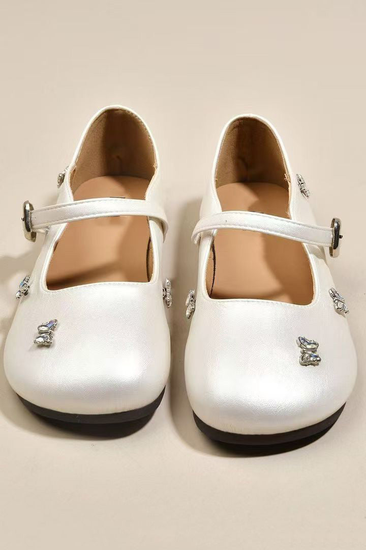 Silver Rhinestone Butterfly Decor Soft PU Leather Princess Dress Shoes