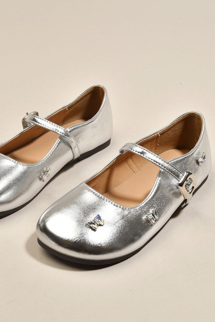Silver Rhinestone Butterfly Decor Soft PU Leather Princess Dress Shoes