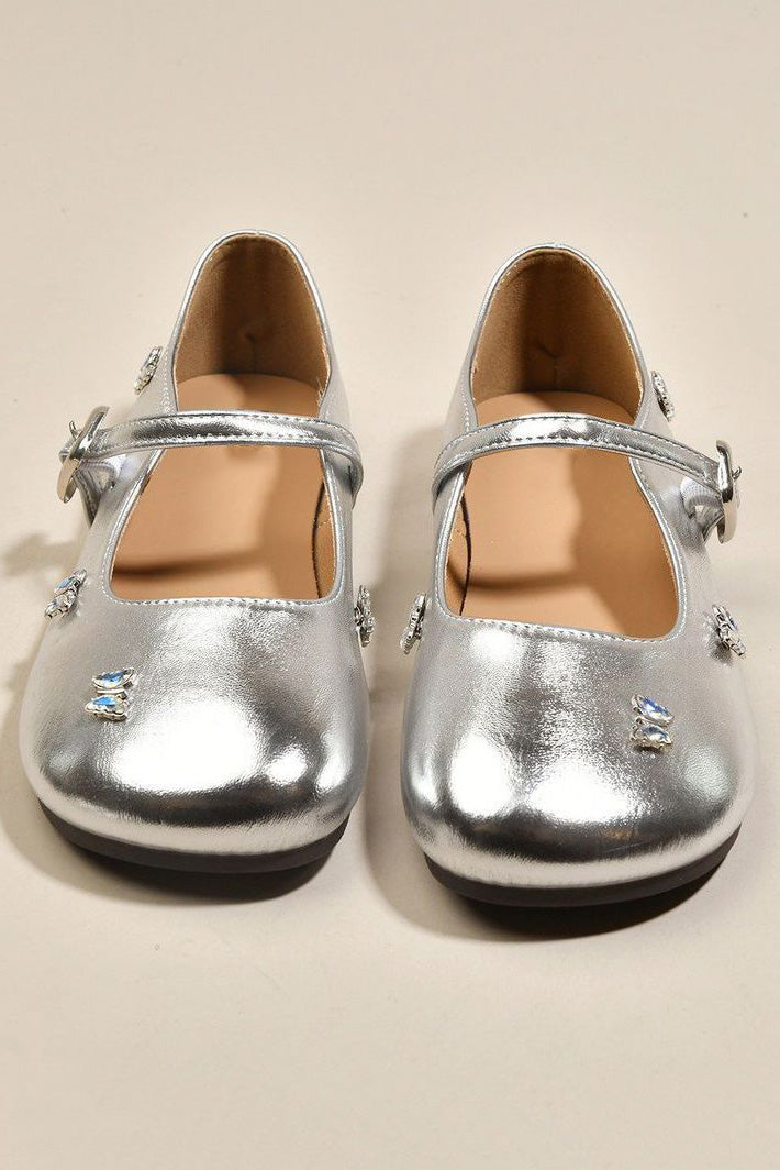 Silver Rhinestone Butterfly Decor Soft PU Leather Princess Dress Shoes