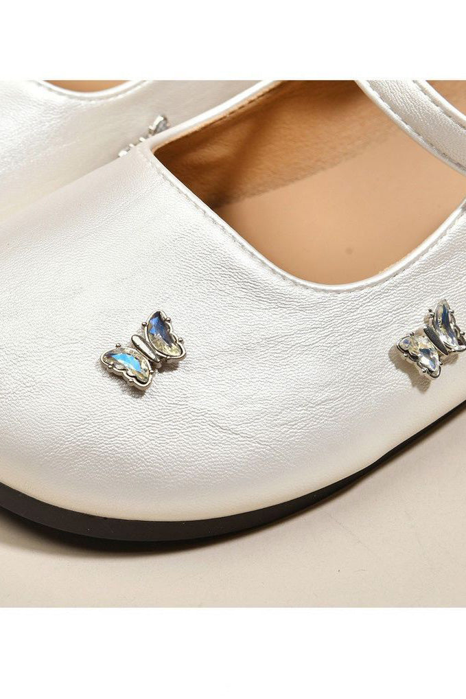 Silver Rhinestone Butterfly Decor Soft PU Leather Princess Dress Shoes