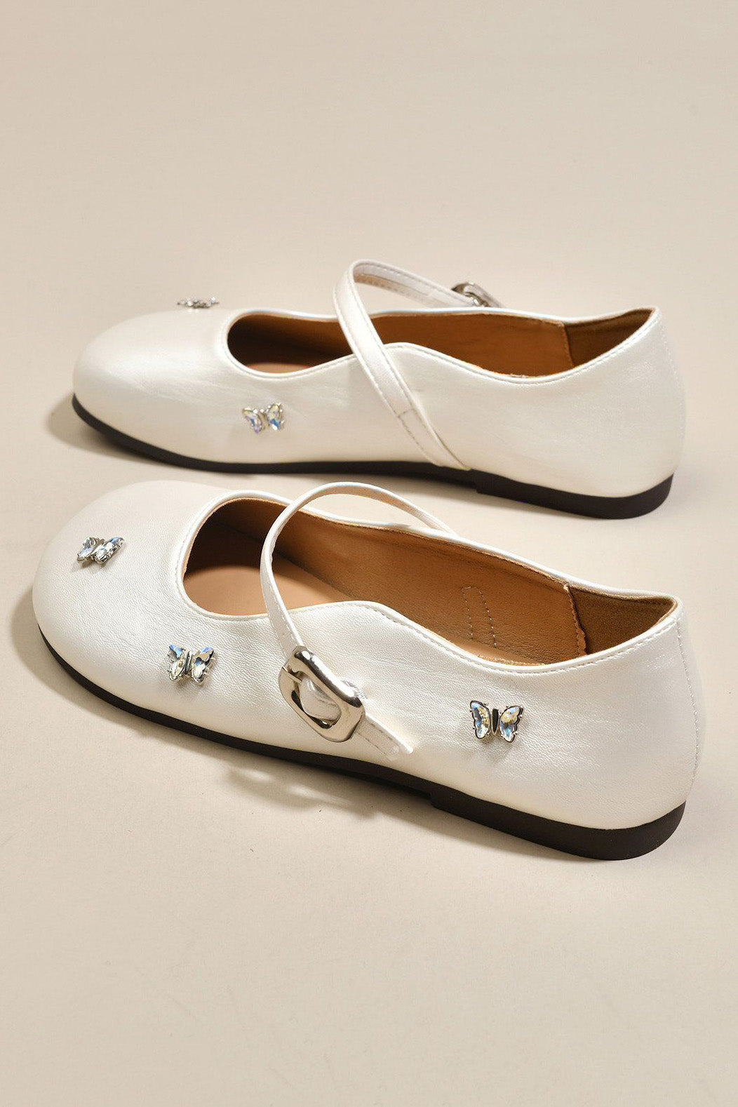 Silver Rhinestone Butterfly Decor Soft PU Leather Princess Dress Shoes