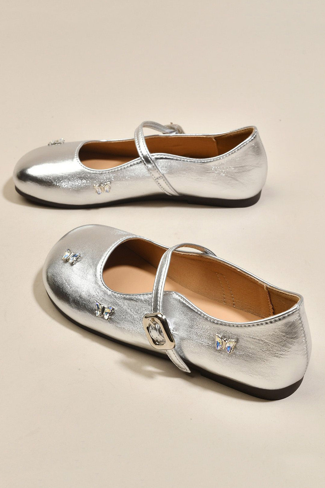 Silver Rhinestone Butterfly Decor Soft PU Leather Princess Dress Shoes
