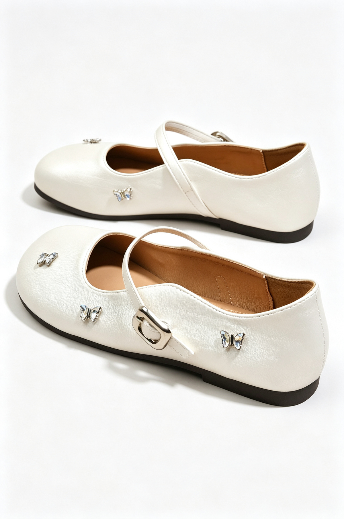 Silver Rhinestone Butterfly Decor Soft PU Leather Princess Dress Shoes