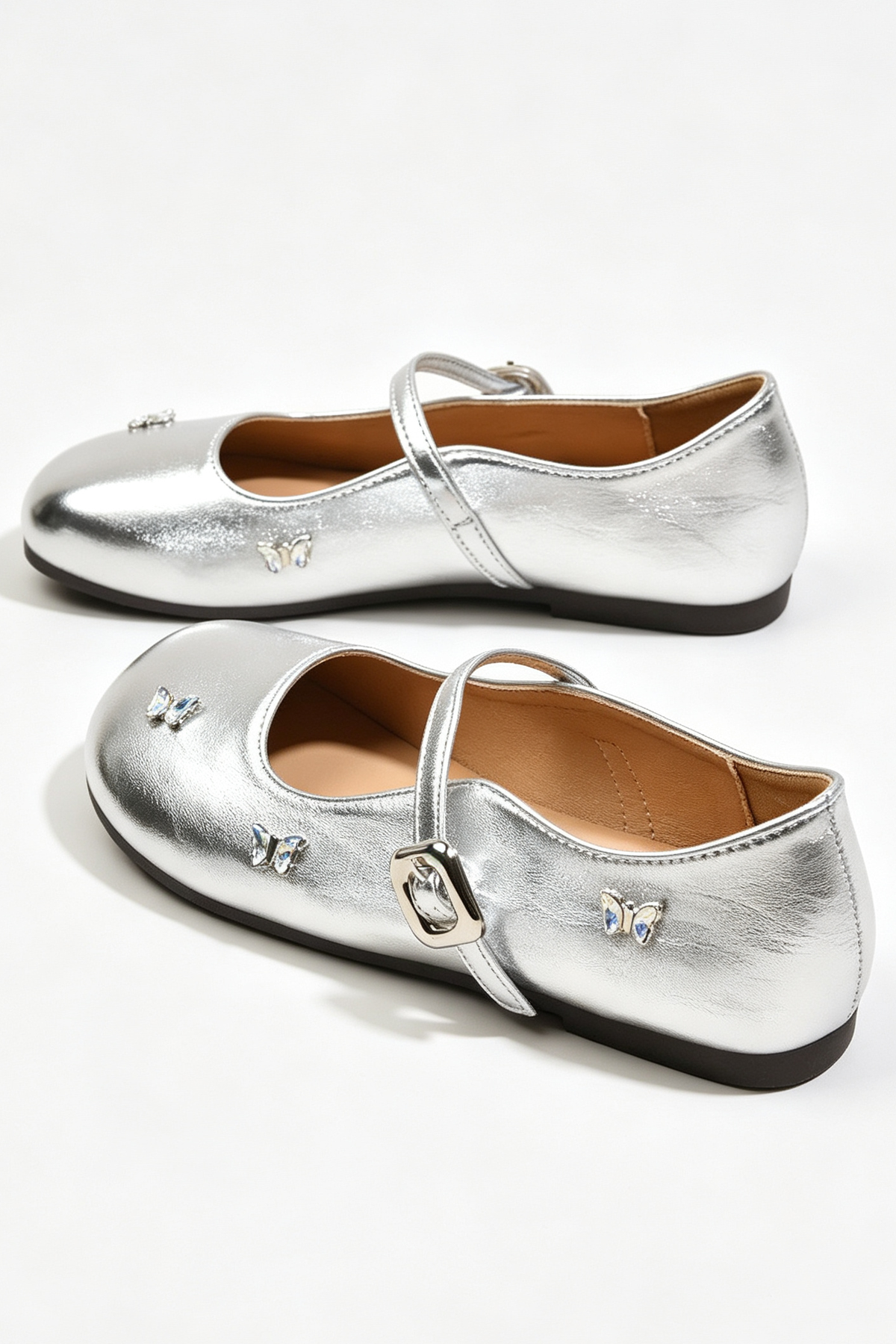 Silver Rhinestone Butterfly Decor Soft PU Leather Princess Dress Shoes