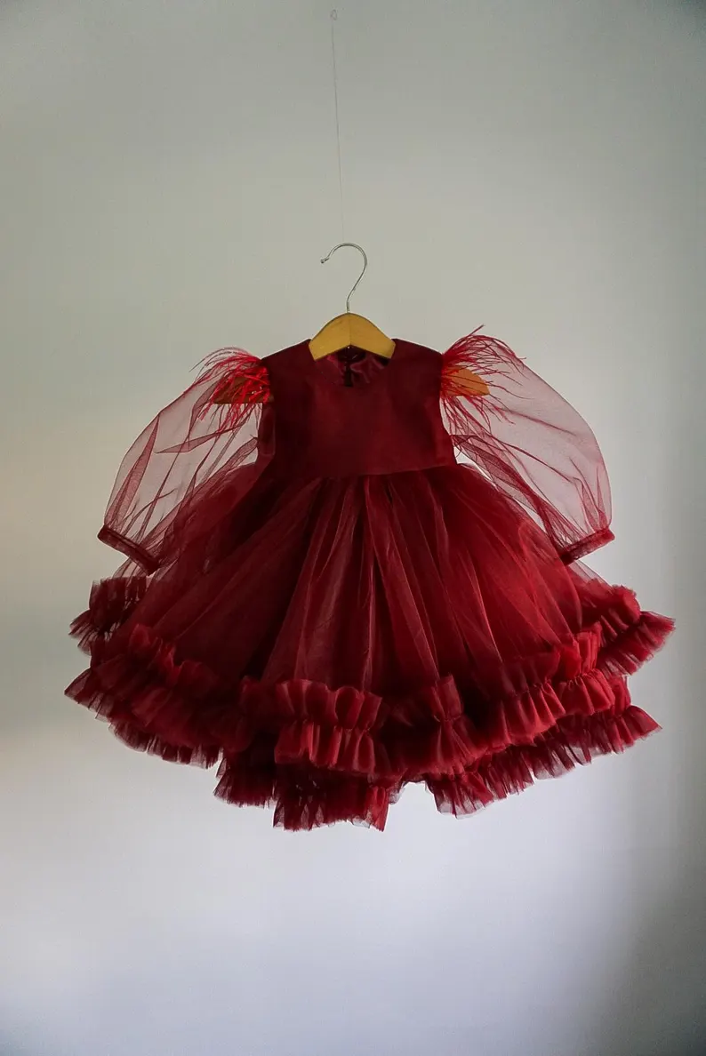 Burgundy Satin Tulle Round Neck Puff Sleeve Ruffled A‑Line Party Dress