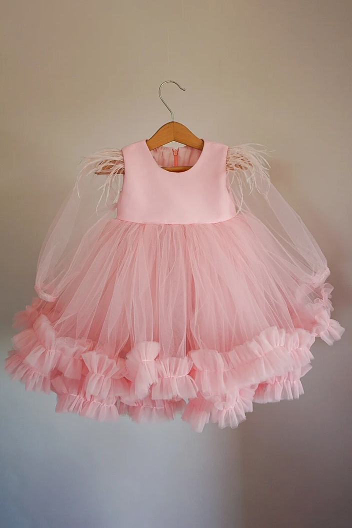 Burgundy Satin Tulle Round Neck Puff Sleeve Ruffled A‑Line Party Dress