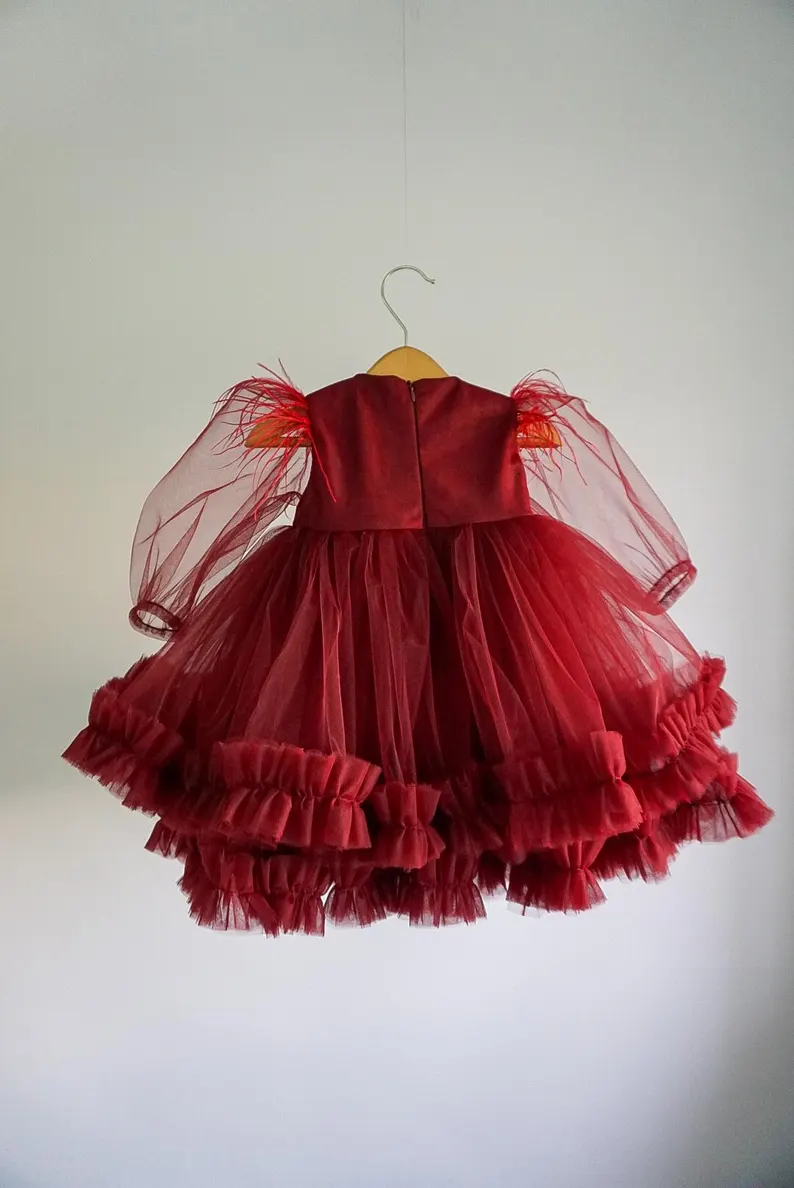 Burgundy Satin Tulle Round Neck Puff Sleeve Ruffled A‑Line Party Dress