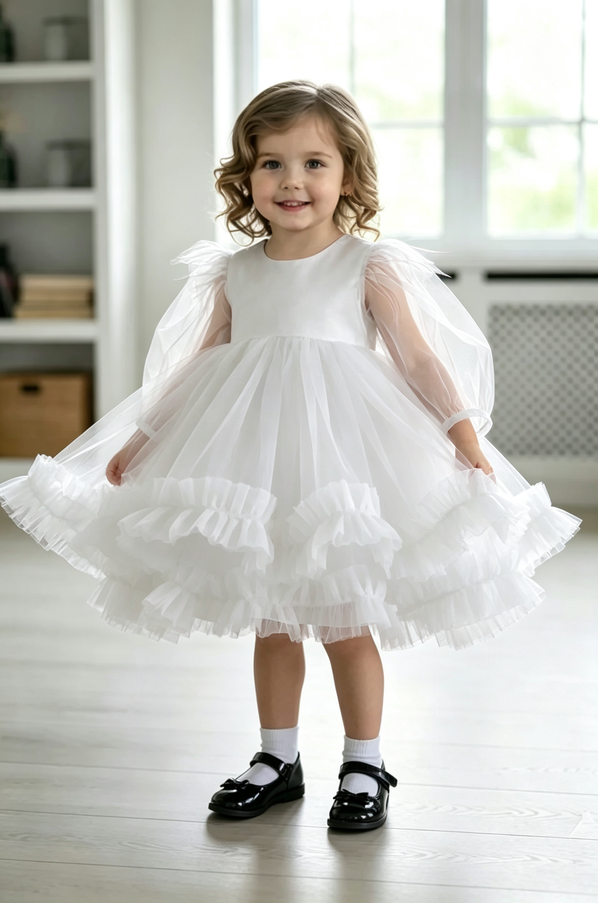 Burgundy Satin Tulle Round Neck Puff Sleeve Ruffled A‑Line Party Dress