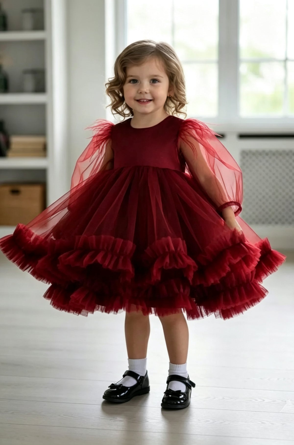 Burgundy Satin Tulle Round Neck Puff Sleeve Ruffled A‑Line Party Dress