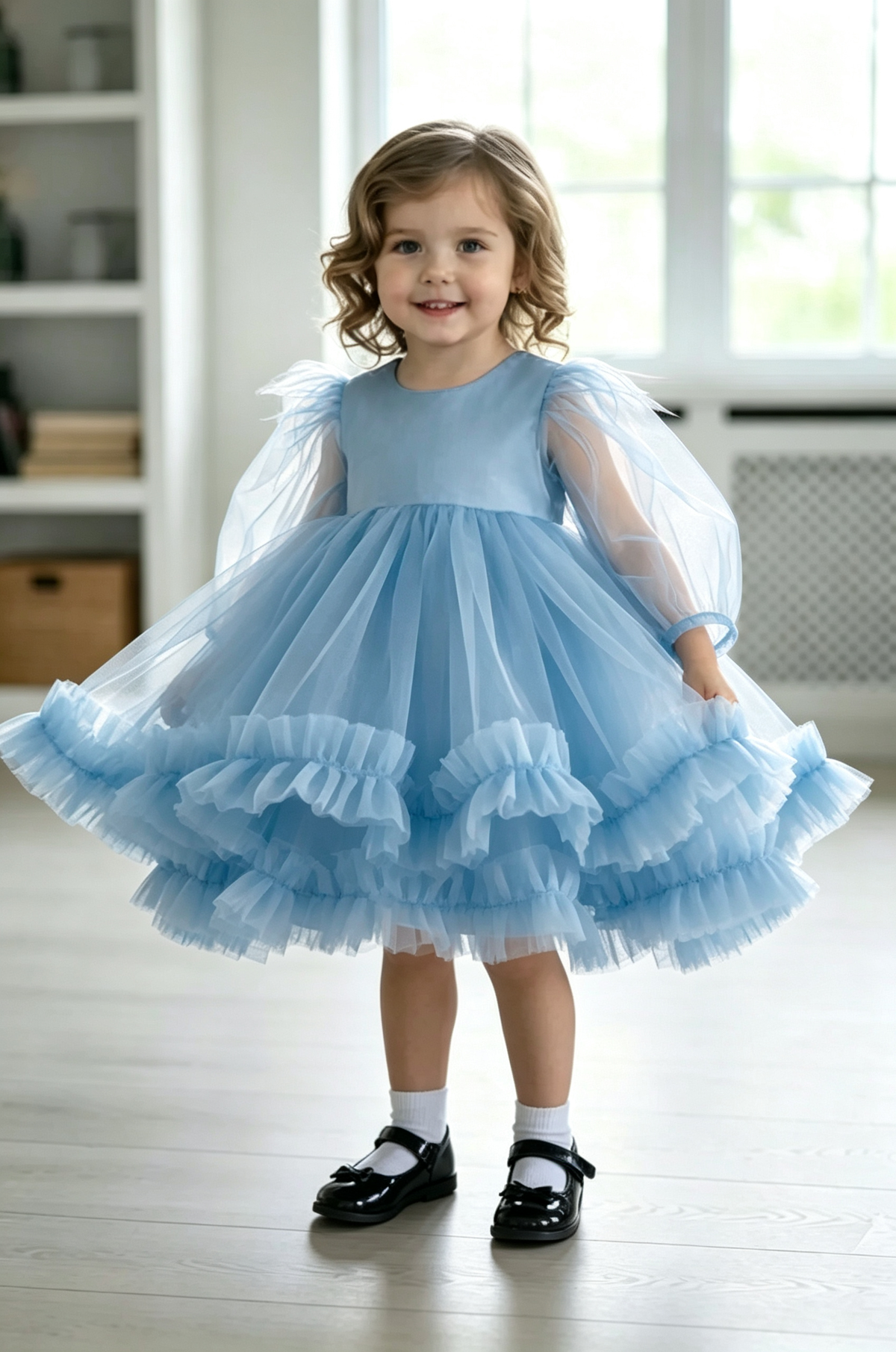 Burgundy Satin Tulle Round Neck Puff Sleeve Ruffled A‑Line Party Dress