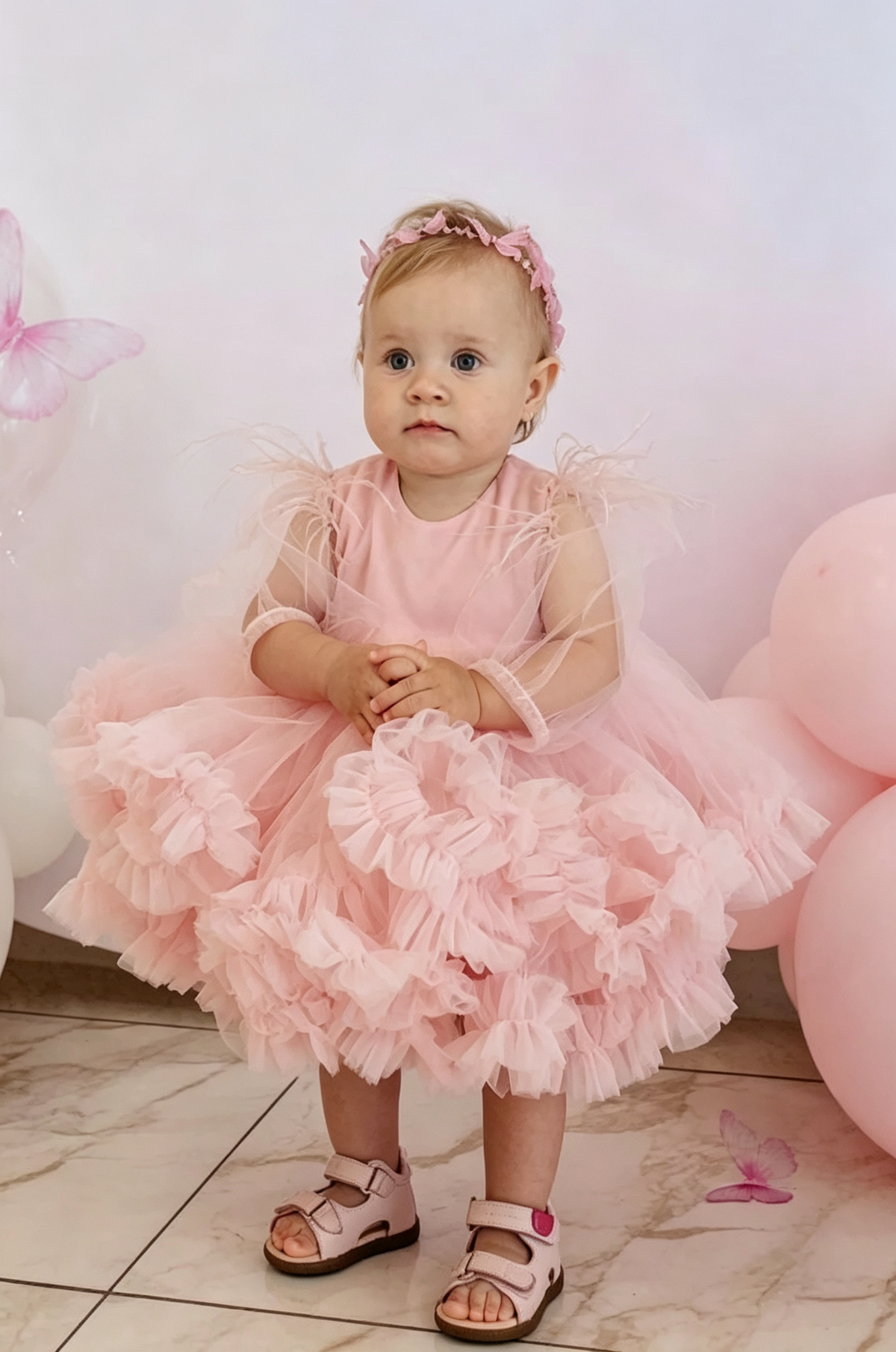 Burgundy Satin Tulle Round Neck Puff Sleeve Ruffled A‑Line Party Dress