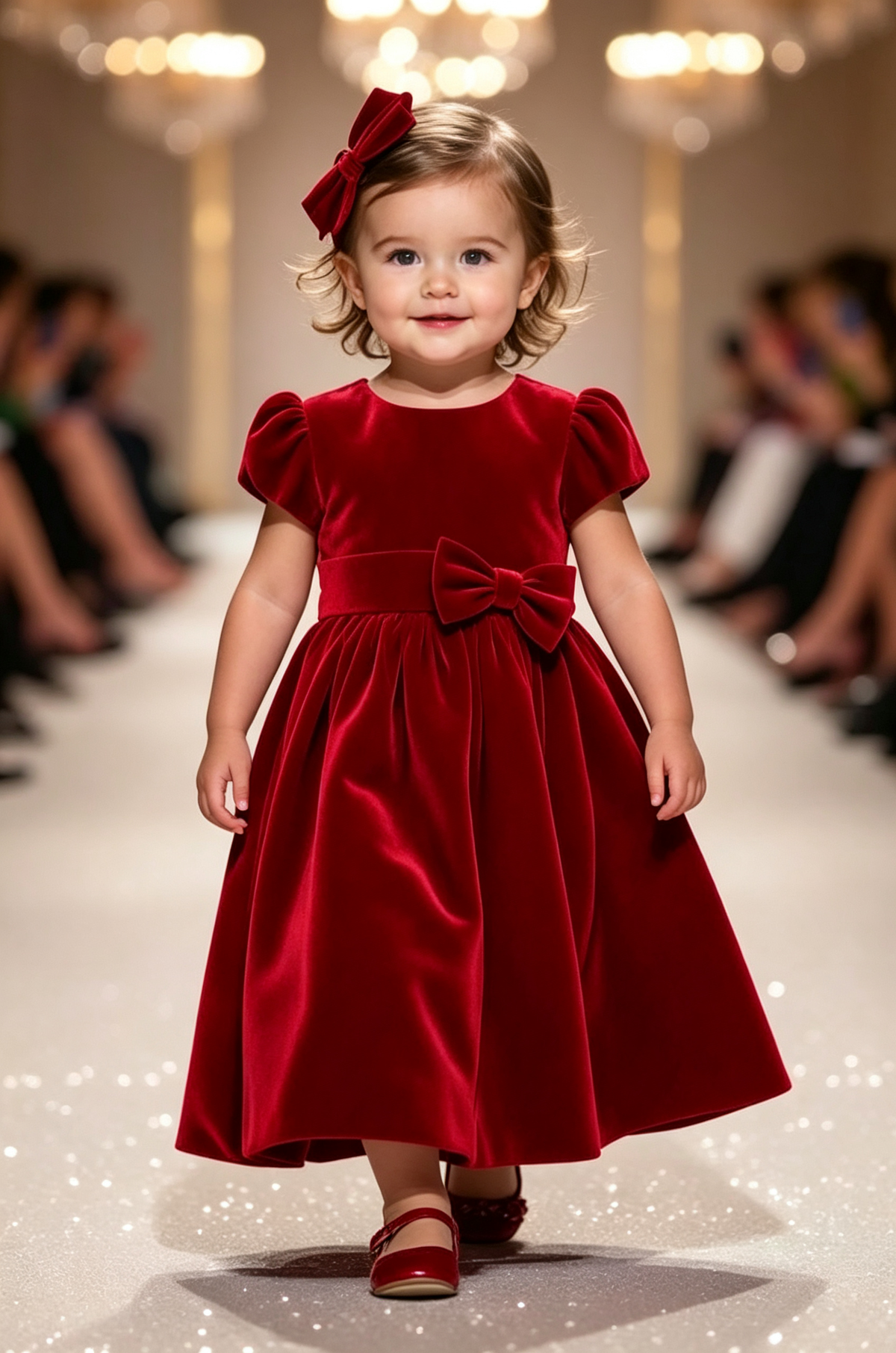 Pink Velvet Round Neck Puff Sleeve Bow A‑Line Party Dress