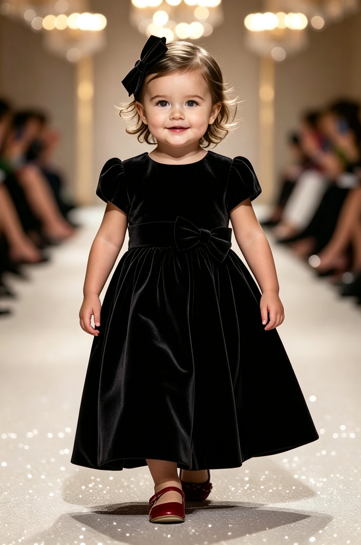 Pink Velvet Round Neck Puff Sleeve Bow A‑Line Party Dress