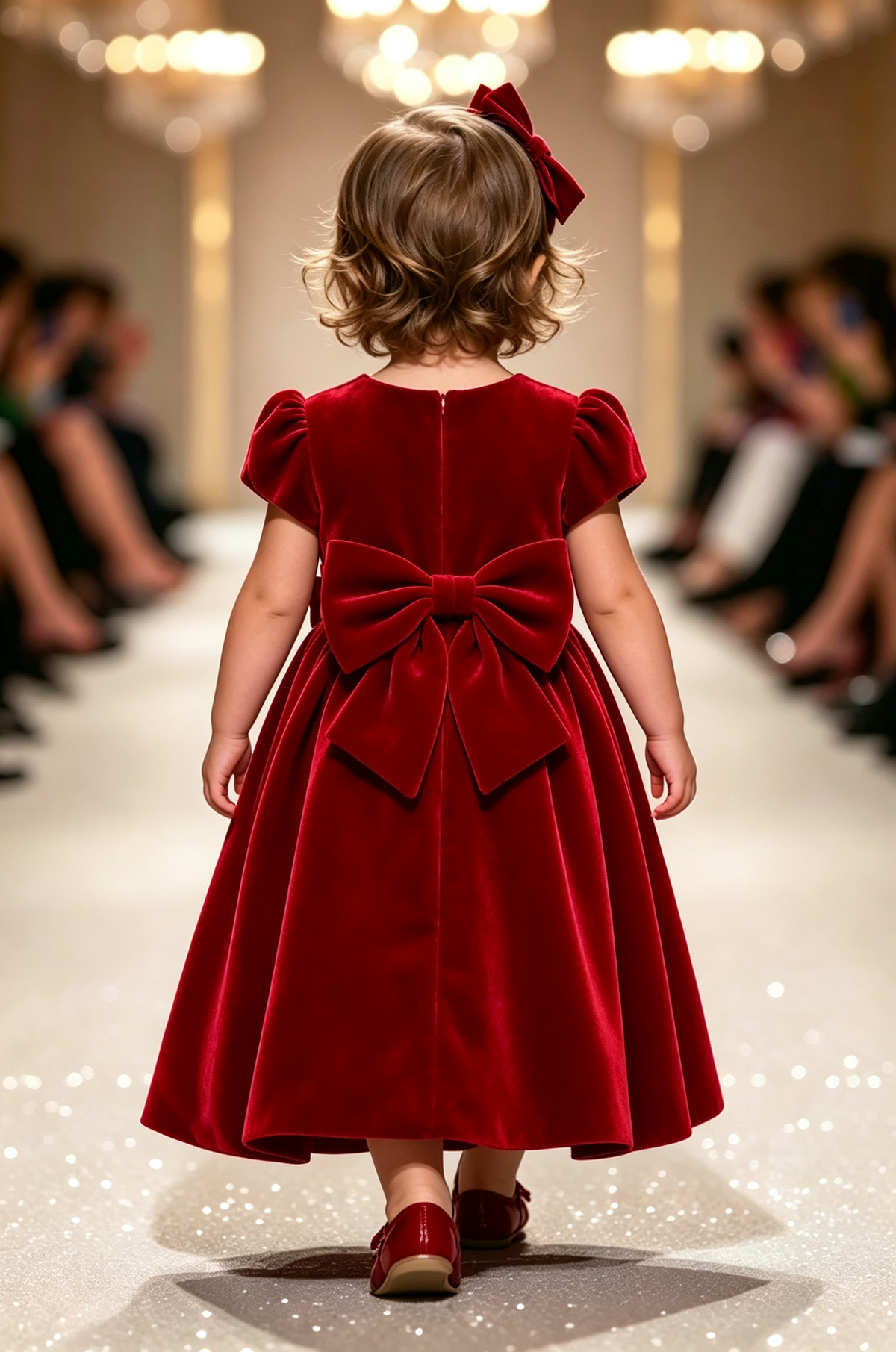 Pink Velvet Round Neck Puff Sleeve Bow A‑Line Party Dress