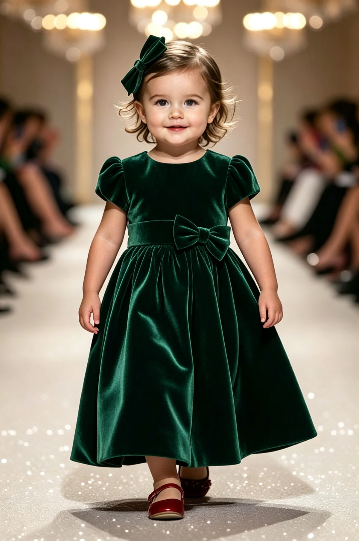 Pink Velvet Round Neck Puff Sleeve Bow A‑Line Party Dress