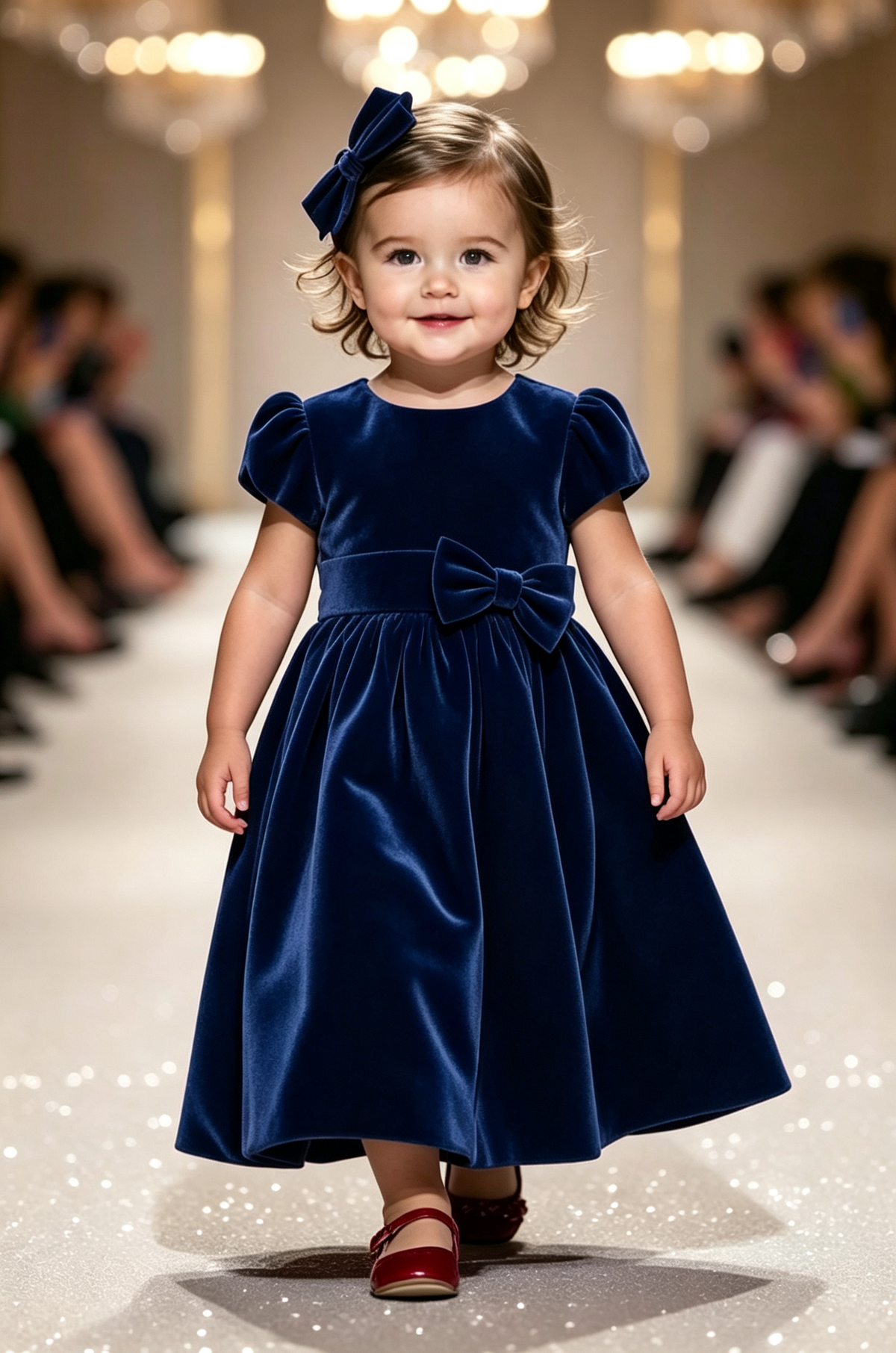 Pink Velvet Round Neck Puff Sleeve Bow A‑Line Party Dress