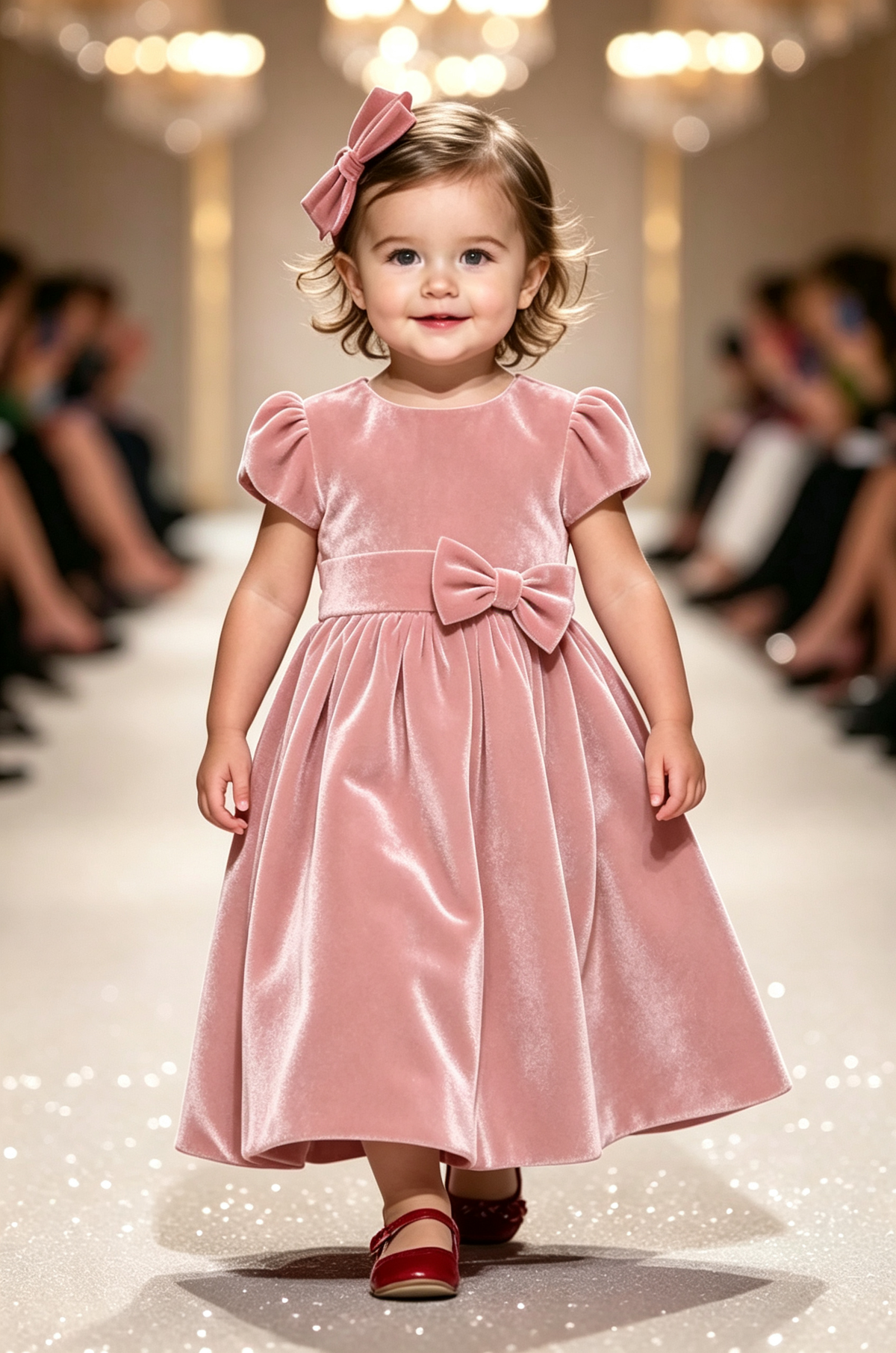 Pink Velvet Round Neck Puff Sleeve Bow A‑Line Party Dress