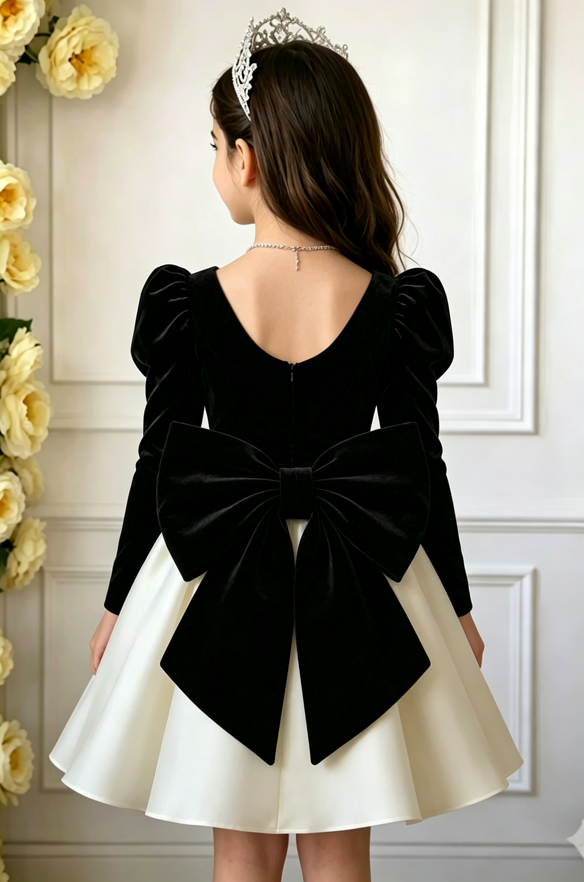 Black Velvet Ivory Satin V‑Neck Long Puff Sleeve Big Back Bow A‑Line Party Dress