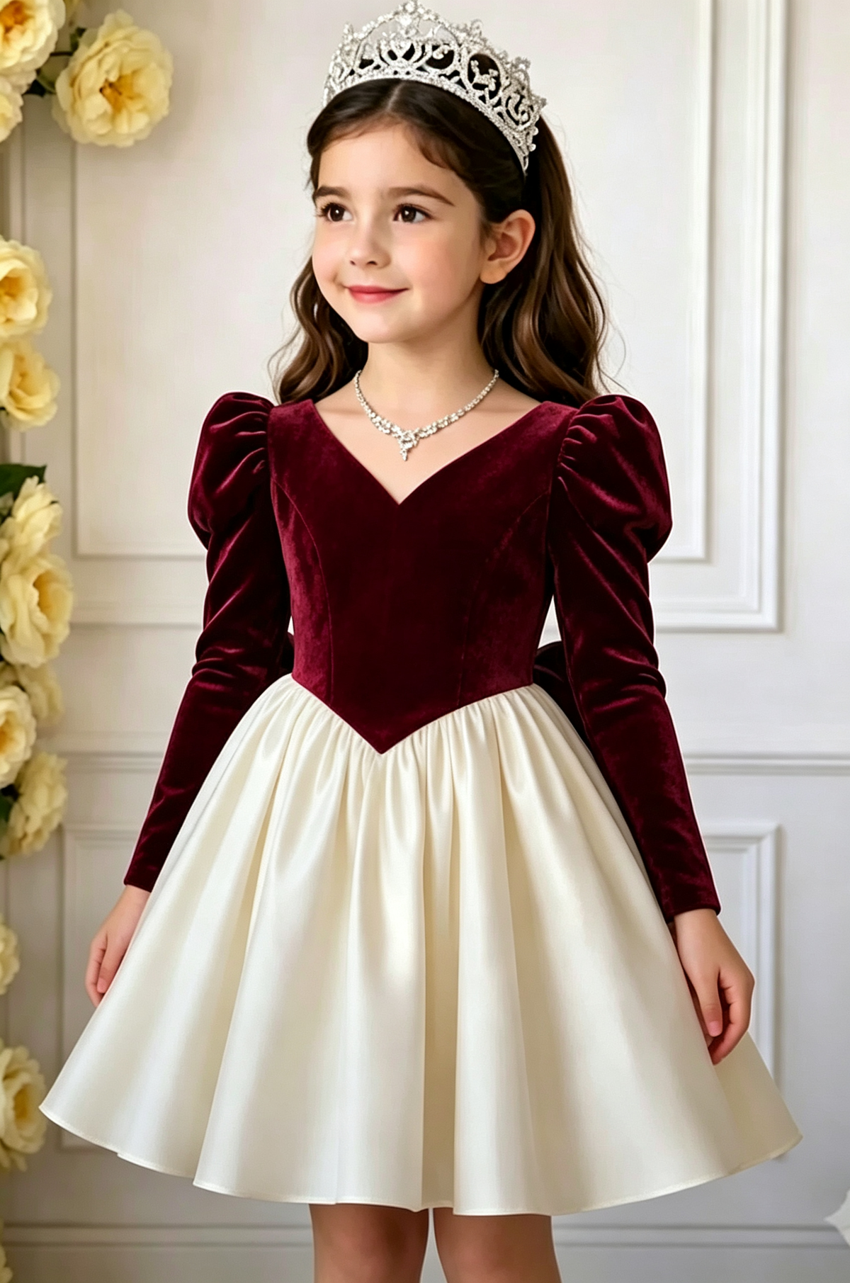 Black Velvet Ivory Satin V‑Neck Long Puff Sleeve Big Back Bow A‑Line Party Dress