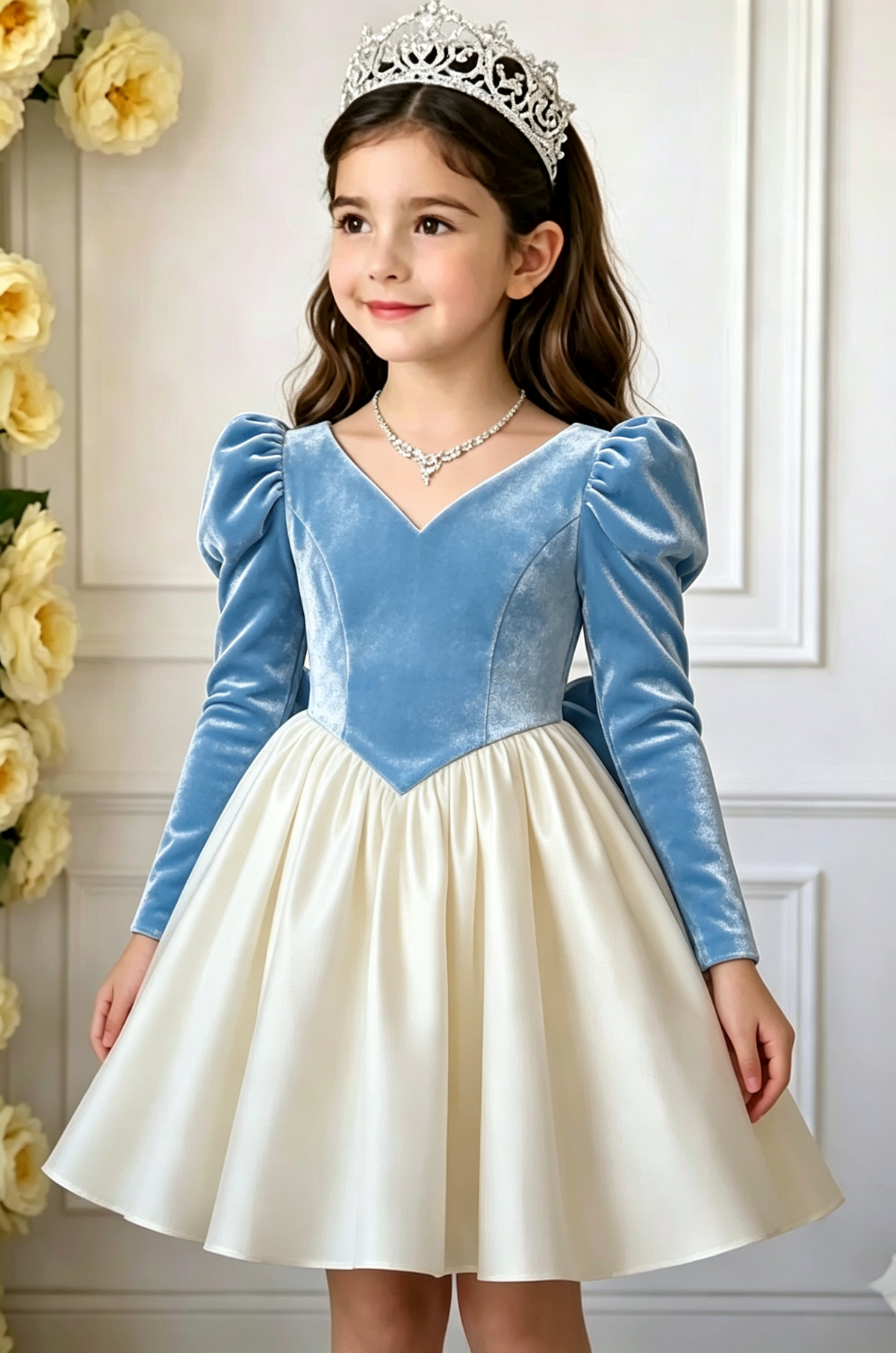 Black Velvet Ivory Satin V‑Neck Long Puff Sleeve Big Back Bow A‑Line Party Dress