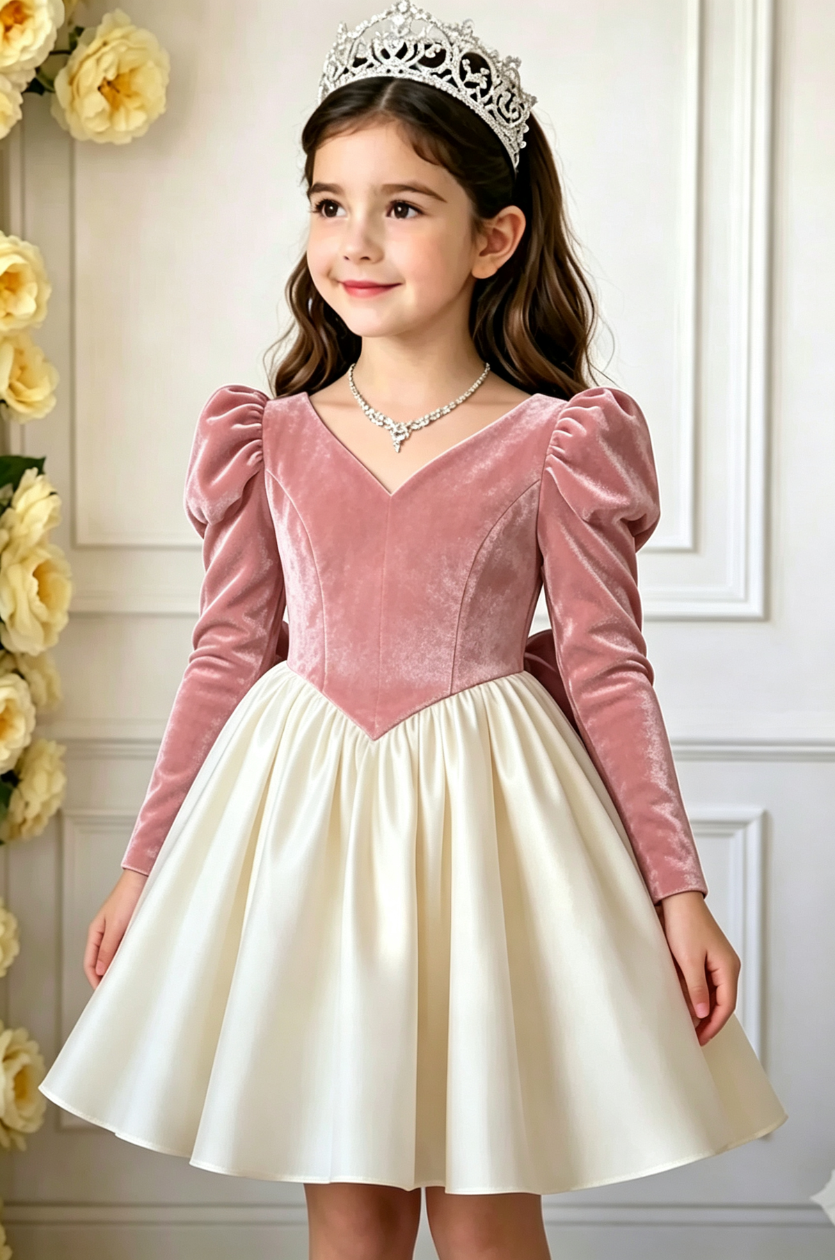 Black Velvet Ivory Satin V‑Neck Long Puff Sleeve Big Back Bow A‑Line Party Dress