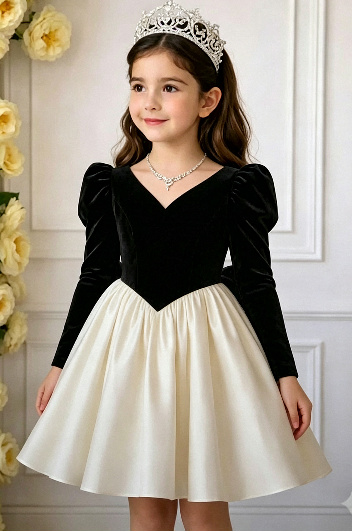 Black Velvet Ivory Satin V‑Neck Long Puff Sleeve Big Back Bow A‑Line Party Dress