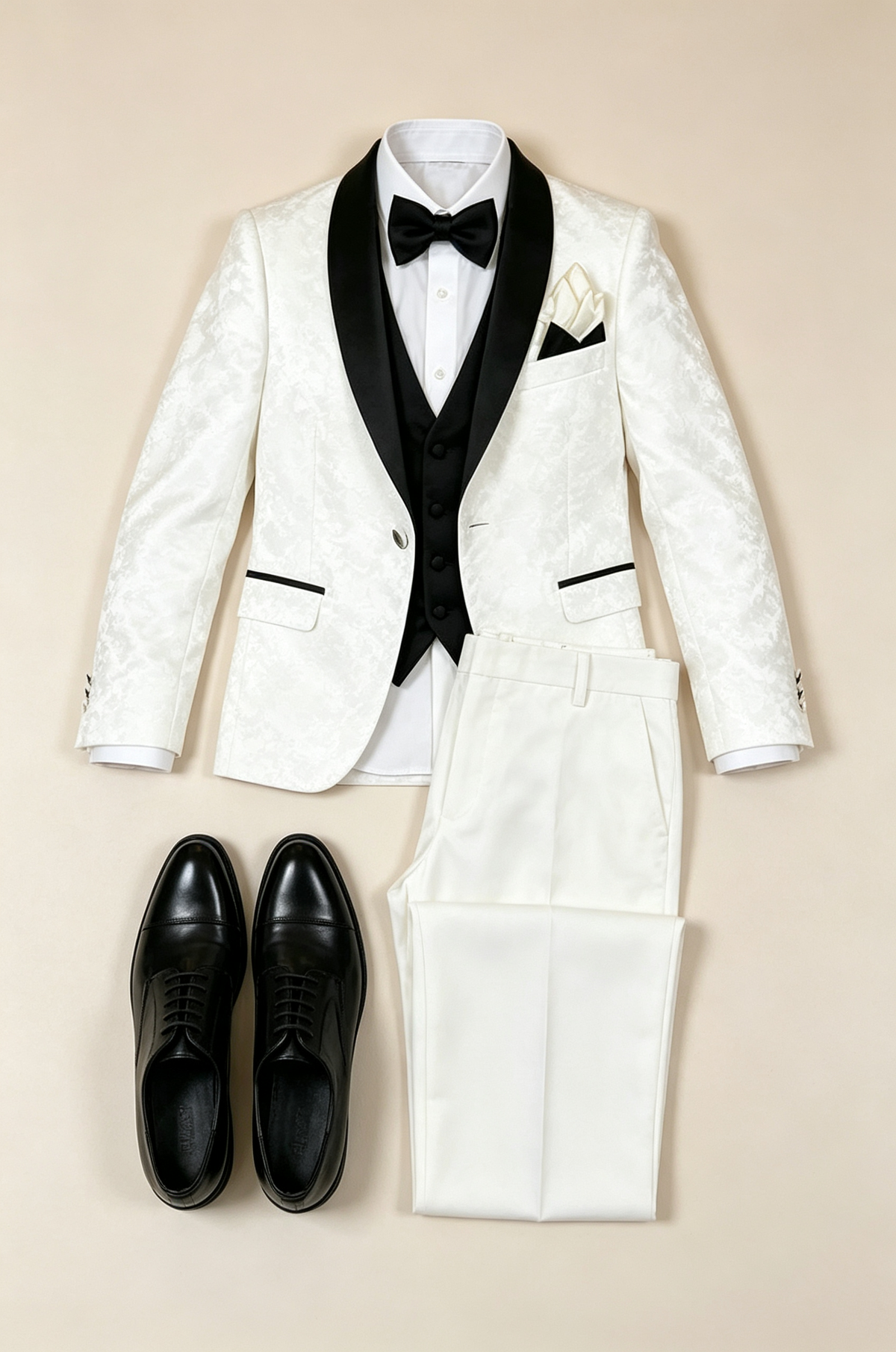 White & Black Jacquard Satin Lapel Single‑Breasted Formal 3‑Piece Suit Set